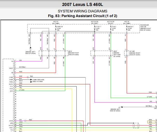 2007年雷克萨斯LS460L停车雷达线路图和位置图