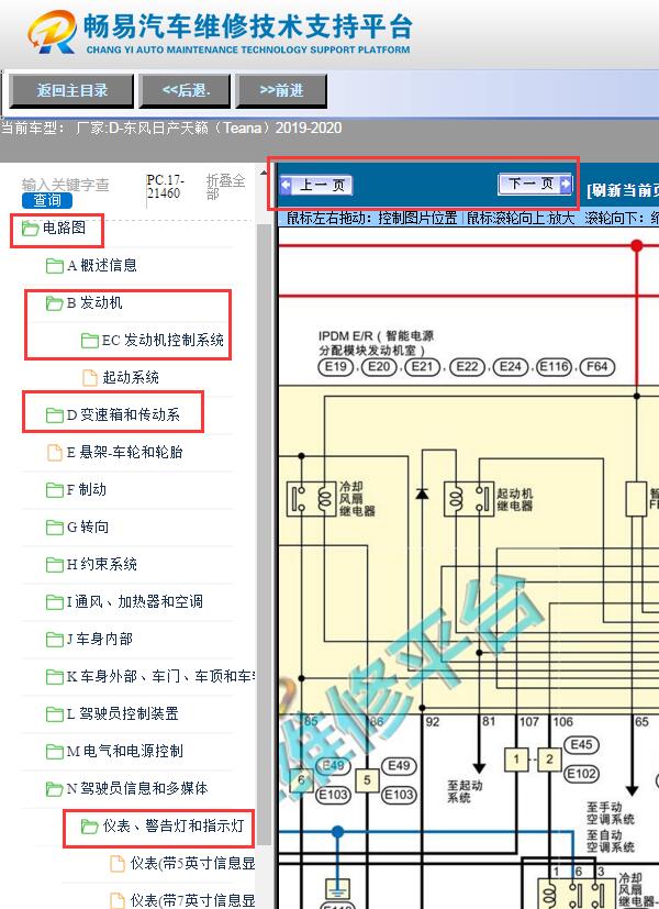 2019年日产天籁  发动机变速箱和仪表电路图