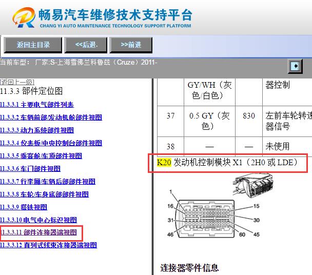 2011年雪佛兰科鲁兹发动机针脚资料