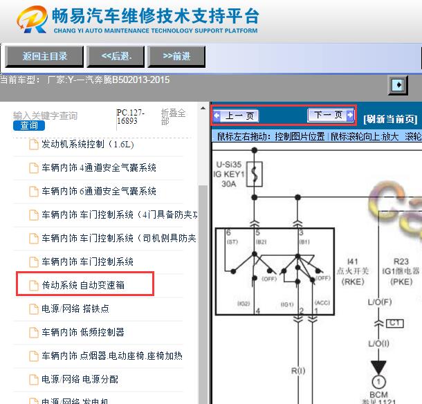 2013-2015年一汽奔腾B50变速箱电路图