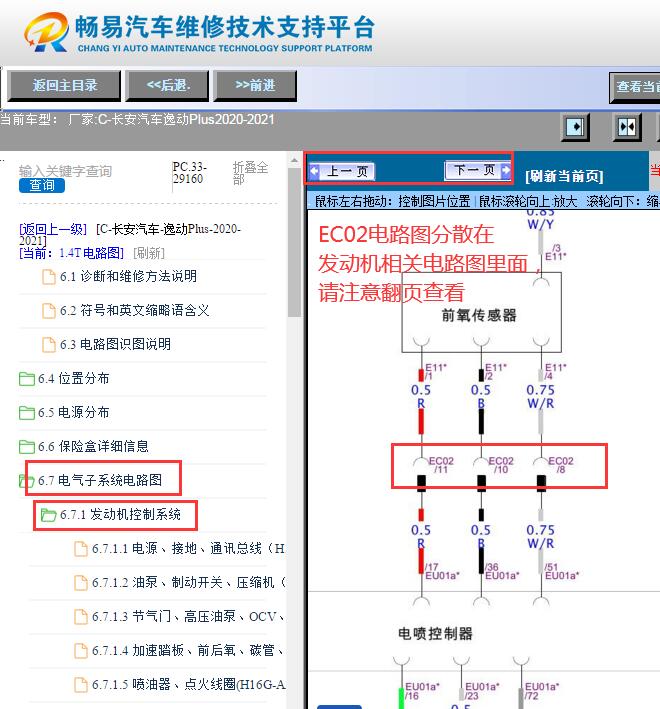2020-2021年长安逸动PLUS发动机线束转接器EC02电路图