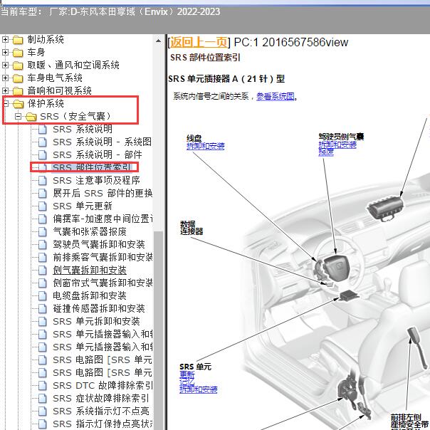 2022-2023年东风本田-享域（Envix）-SRS部件位置索引资料