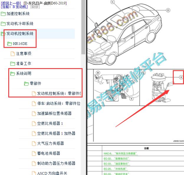 2019年东风日产-启辰D60发动机燃油液位传感器位置