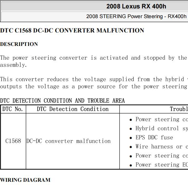 2008年雷克萨斯RX400H故障码C1568维修手册