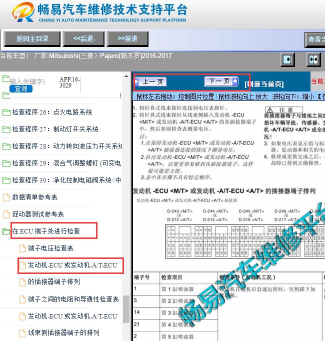 2016-2017年三菱帕杰罗发动机针脚资料