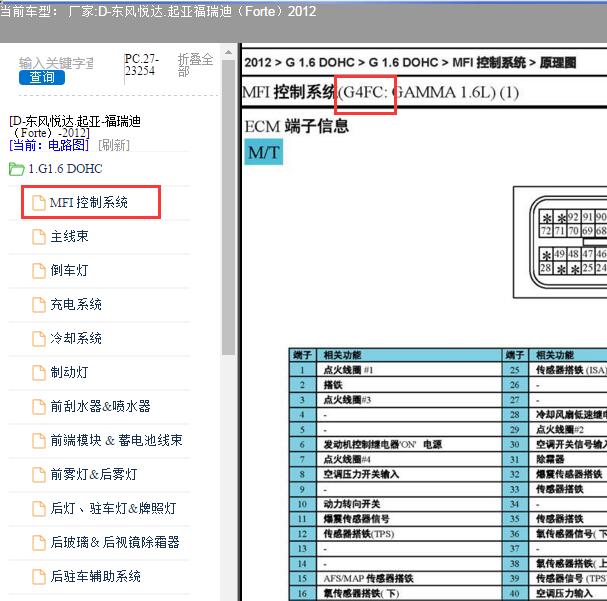 2012年起亚福瑞迪 G4FC发动机电路图和针脚