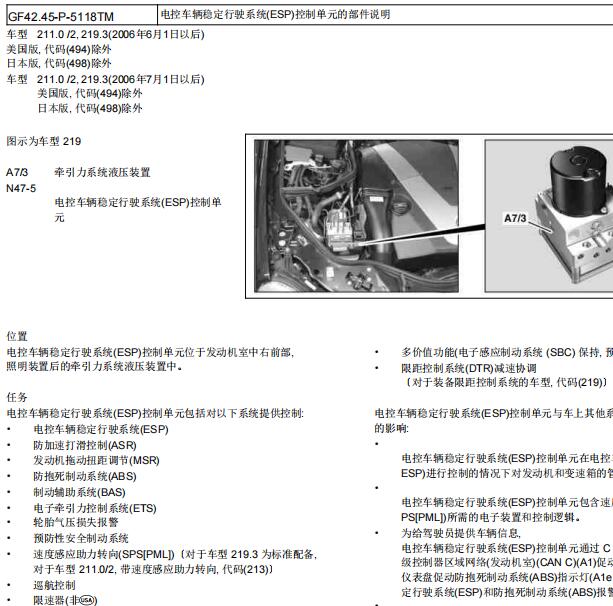 2005年奔驰E280ESP单元N47/5和A7/3位置