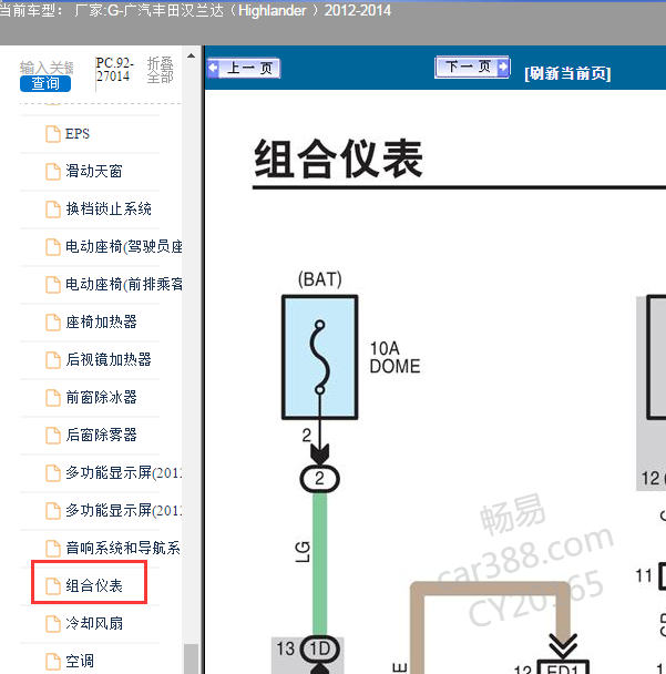 2012年丰田汉兰达仪表电路图