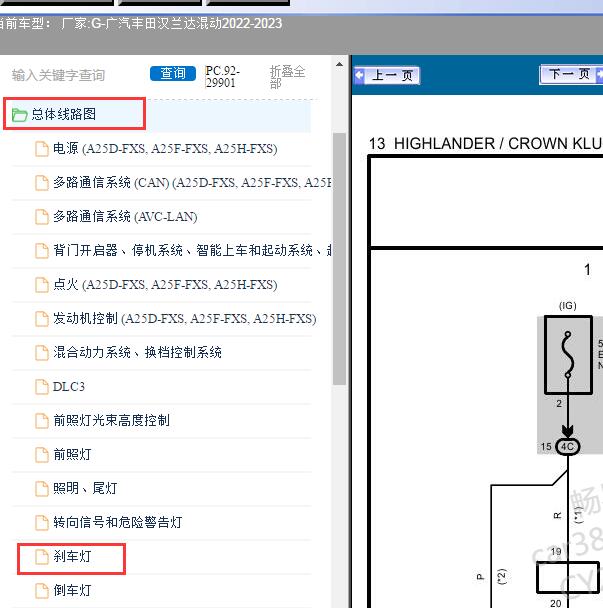 2022-2023年广汽丰田-汉兰达混动刹车灯线路图