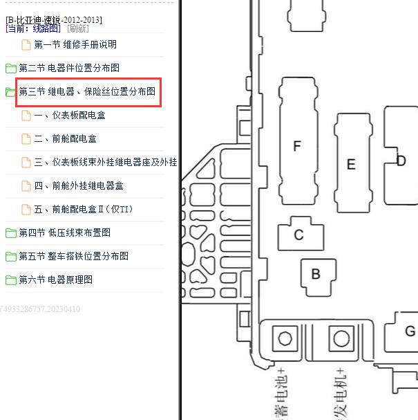 2012-2013年比亚迪速锐保险继电器位置分配