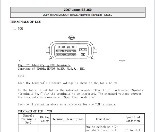 2007年雷克萨斯ES350变速箱电脑和档位开关针脚资料
