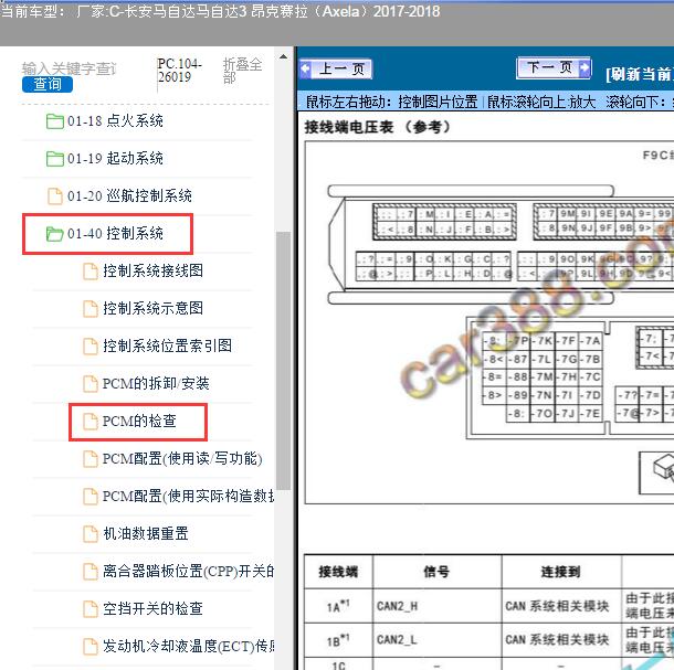 2018年长安马自达昂克赛拉PCM针脚图