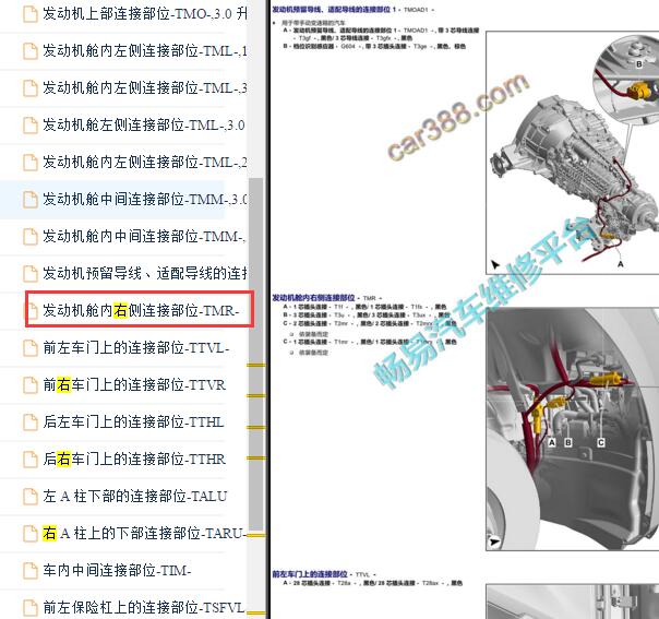 2019年奥迪A4L发动机舱右侧连接位置