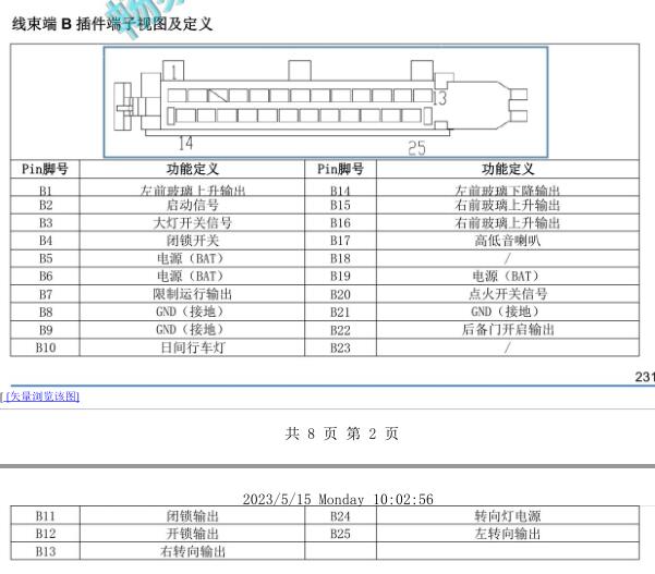 2015年奇瑞EQ 玻璃升降针脚资料