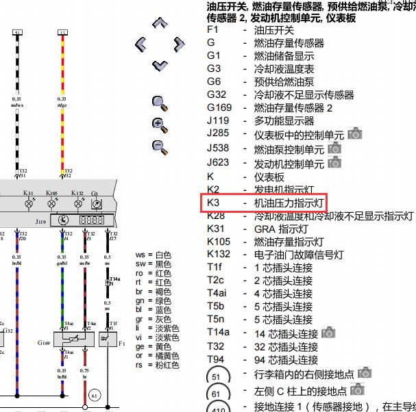 2013年大众途观发动机机油灯电路图