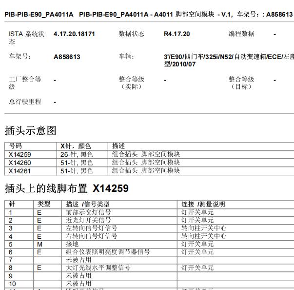 2010年宝马325I脚步空间模块针脚定义图