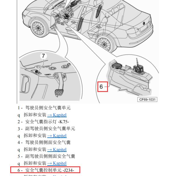 2012年大众速腾安全气囊电脑模块位置