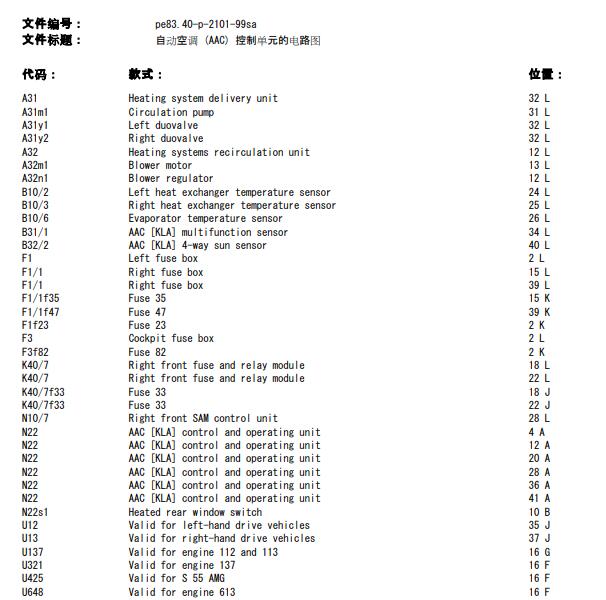 1999年奔驰S350 空调电路图.