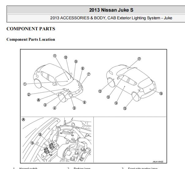 2013年日产JUKE灯光部件位置
