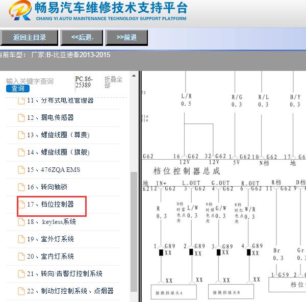 2013-2015年比亚迪秦档位控制器电路图