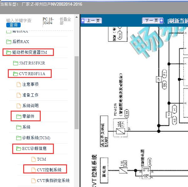 2014-2016年郑州日产-NV200 变速箱电路图及元件位置