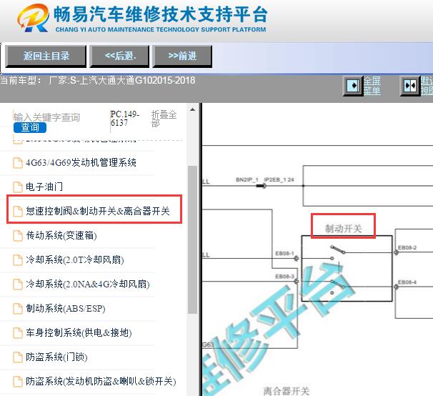 2015-2018年上汽大通G10刹车开关电路图