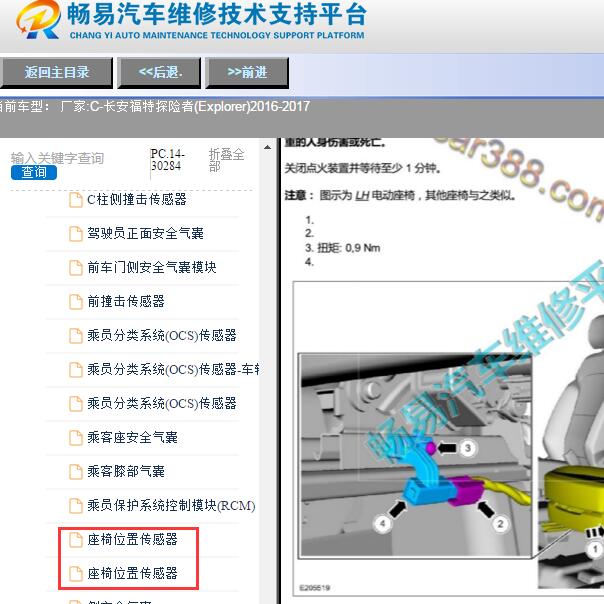 2016-2017年福特探险者座椅位置传感器位置