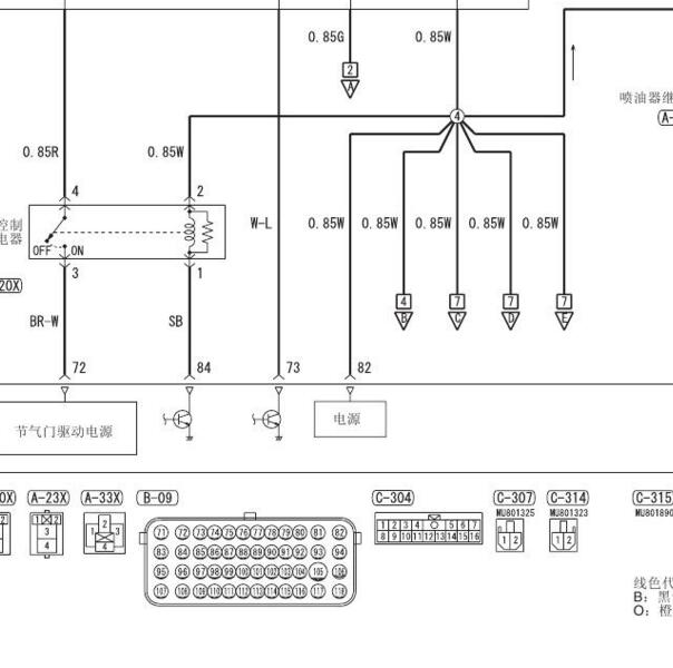 2010年三菱翼神4B10发动机电路图和针脚插头
