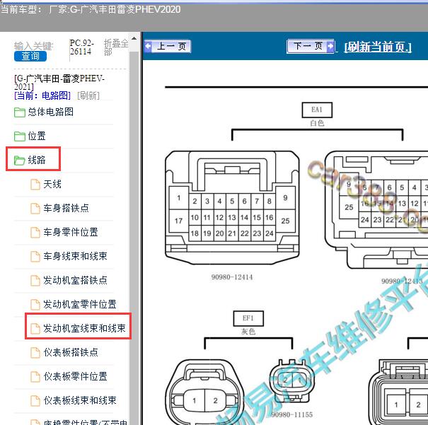 2020年丰田雷凌PHEV发动机室线束针脚图