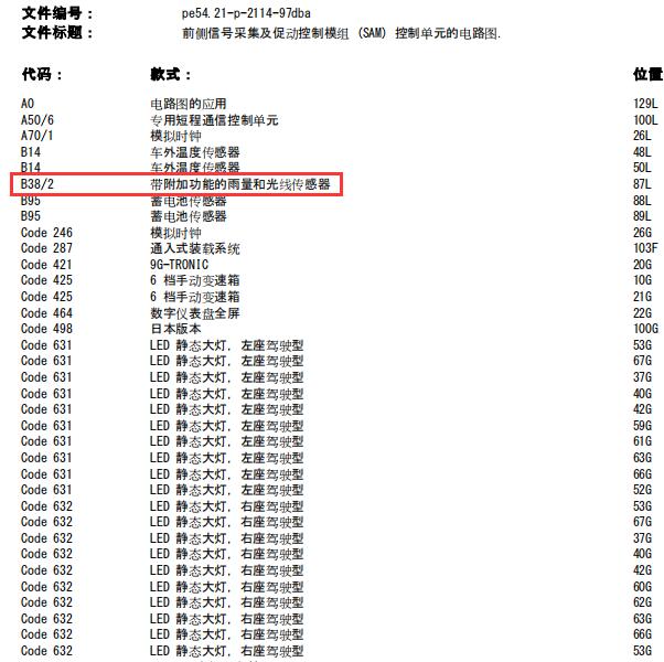 2019年奔驰E300L雨量传感器电路图