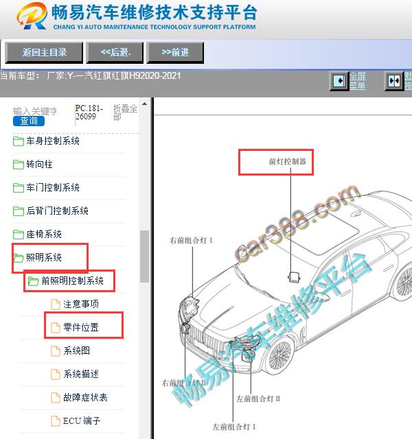 2020-2021年红旗H9前灯控制器位置