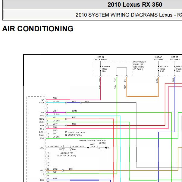 2010年雷克萨斯RX350空调电路图及保险继电器位置