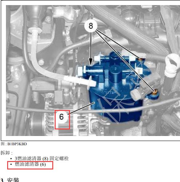 2007年标致407 EW12发动机燃油滤清器位置.