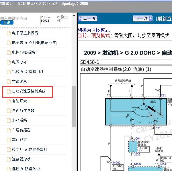2009年东风悦达.起亚-狮跑（Sportage）变速箱电路图及针脚