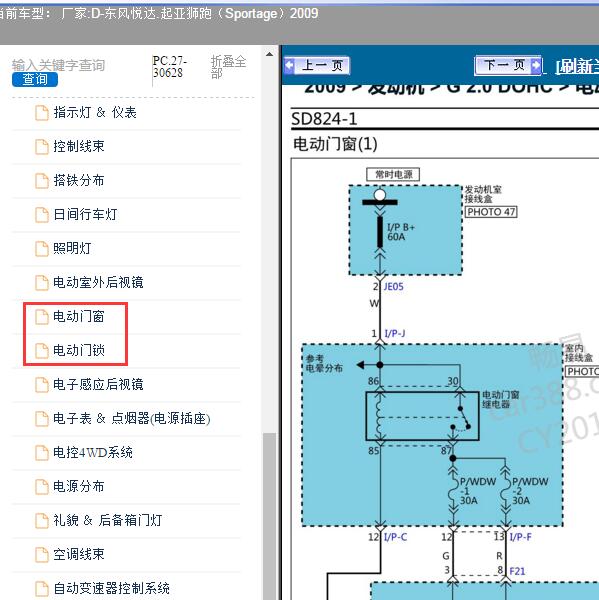2009年东风悦达.起亚-狮跑（Sportage）车窗和门锁电路图