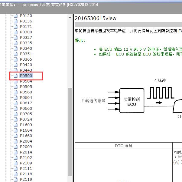 2013-2014年Lexus（凌志-雷克萨斯)-RX270 P0500故障码资料
