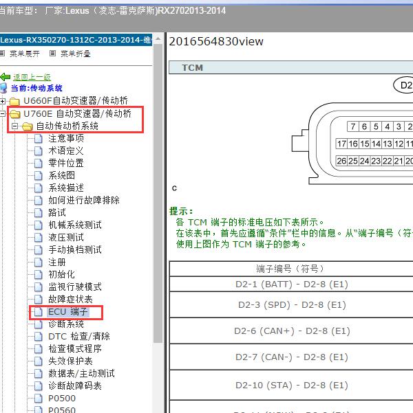 2013-2014年Lexus（凌志-雷克萨斯)-RX270 变速器针脚资料