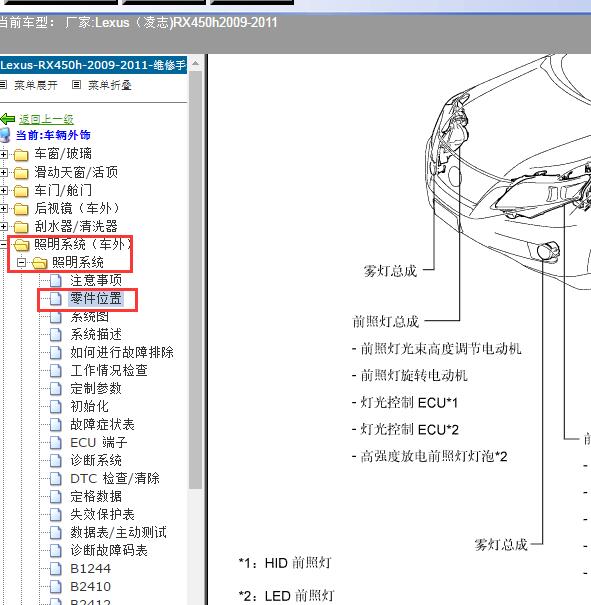 2009-2011年Lexus（凌志-雷克萨斯)-RX450h 照明系统部件位置