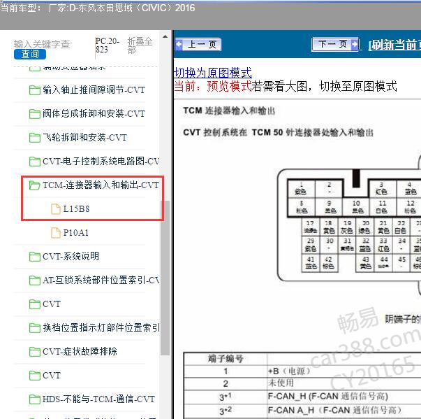 2016年东风本田思域变速箱电脑端子图