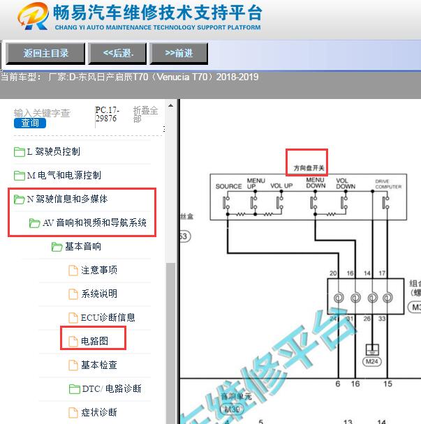 2018-2019年日产启辰T70方向盘按键电路图