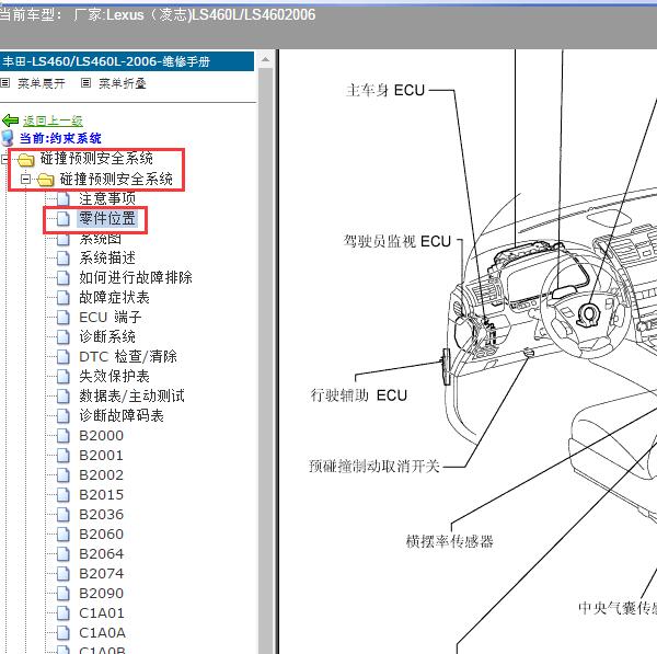 2006年Lexus（凌志-雷克萨斯)-LS460L/LS460 碰撞预测模块位置