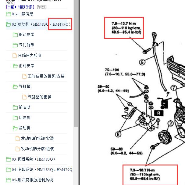 2006-2007年海马普力马HM479Q发动机维修扭矩.