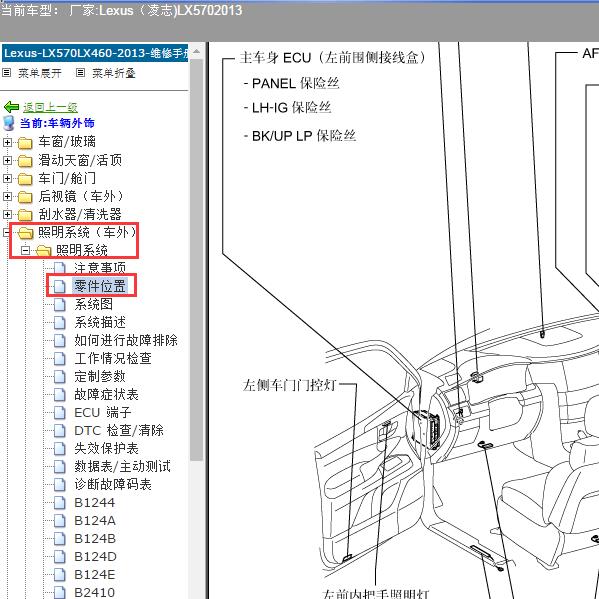 2013年Lexus（凌志-雷克萨斯)-LX570 前照灯系统部件位置