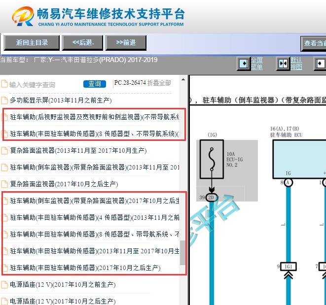 2017-2019年丰田普拉多倒车雷达电路图