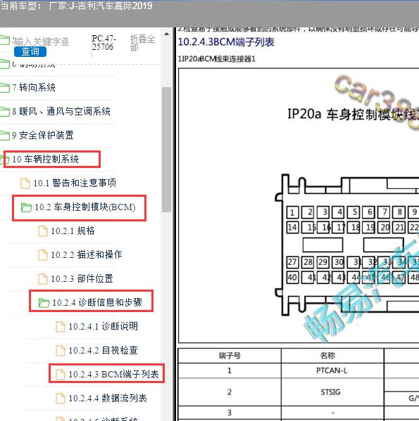 2019年吉利嘉际BCM针脚定义资料