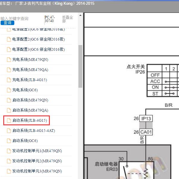 2014-2015年吉利汽车-金刚（King Kong）点火开关电路图