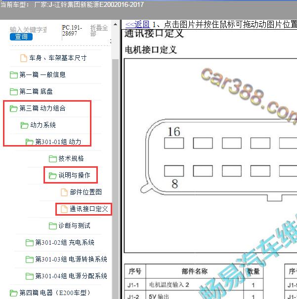 2016年江铃集团新能源E200 16针电机接口针脚定义