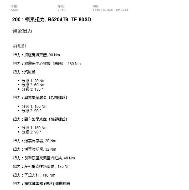 2015年沃尔沃S60 B5204T9发动机扭矩