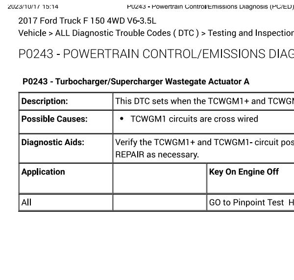2017年福特猛禽P0243故障码资料