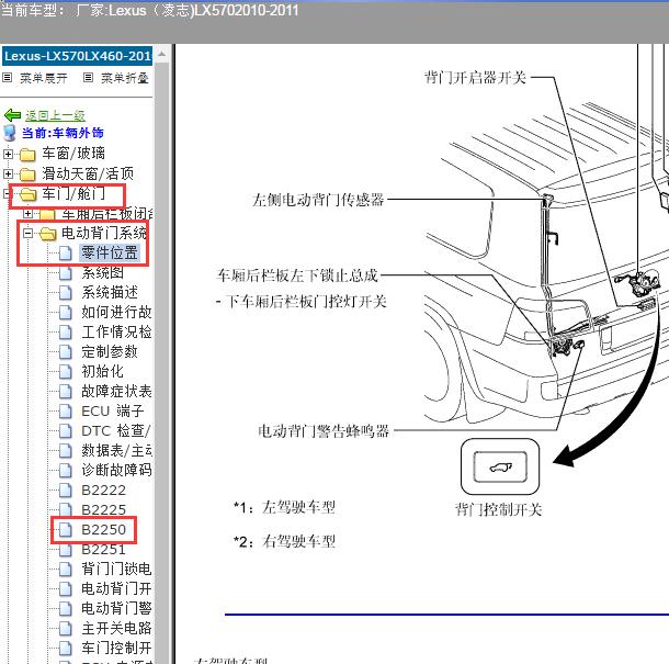 2010年雷克萨斯LX570电动尾门部件位置及B2250故障码资料